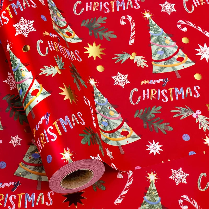 Yarcony Vinage Christmas Wrapping Paper Roll, Red Wrapping Paper, Gold Foil Elegant Deep Red Christmas Tree Theme Festive Holiday Gift Wrap for Winter Celebrations, Seasonal Decor(17Inch x 33Feet) - Image 1